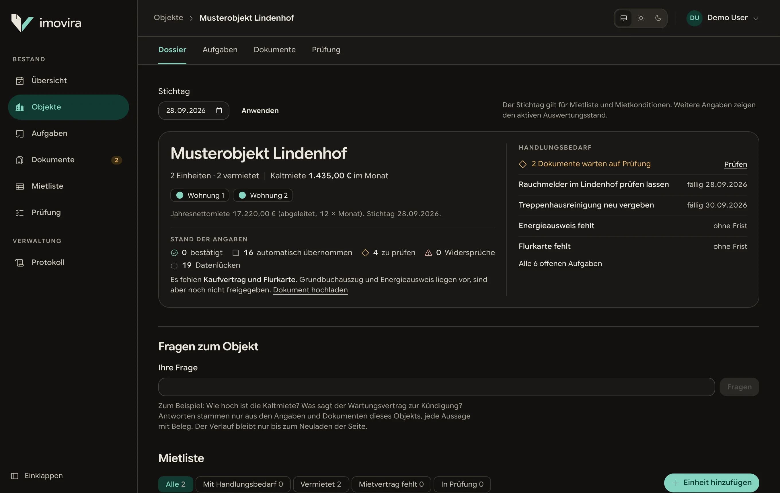 Dossier des Musterobjekts Lindenhof: Überblick mit Einheiten, Stand der Angaben und Handlungsbedarf, darunter Fragen zum Objekt