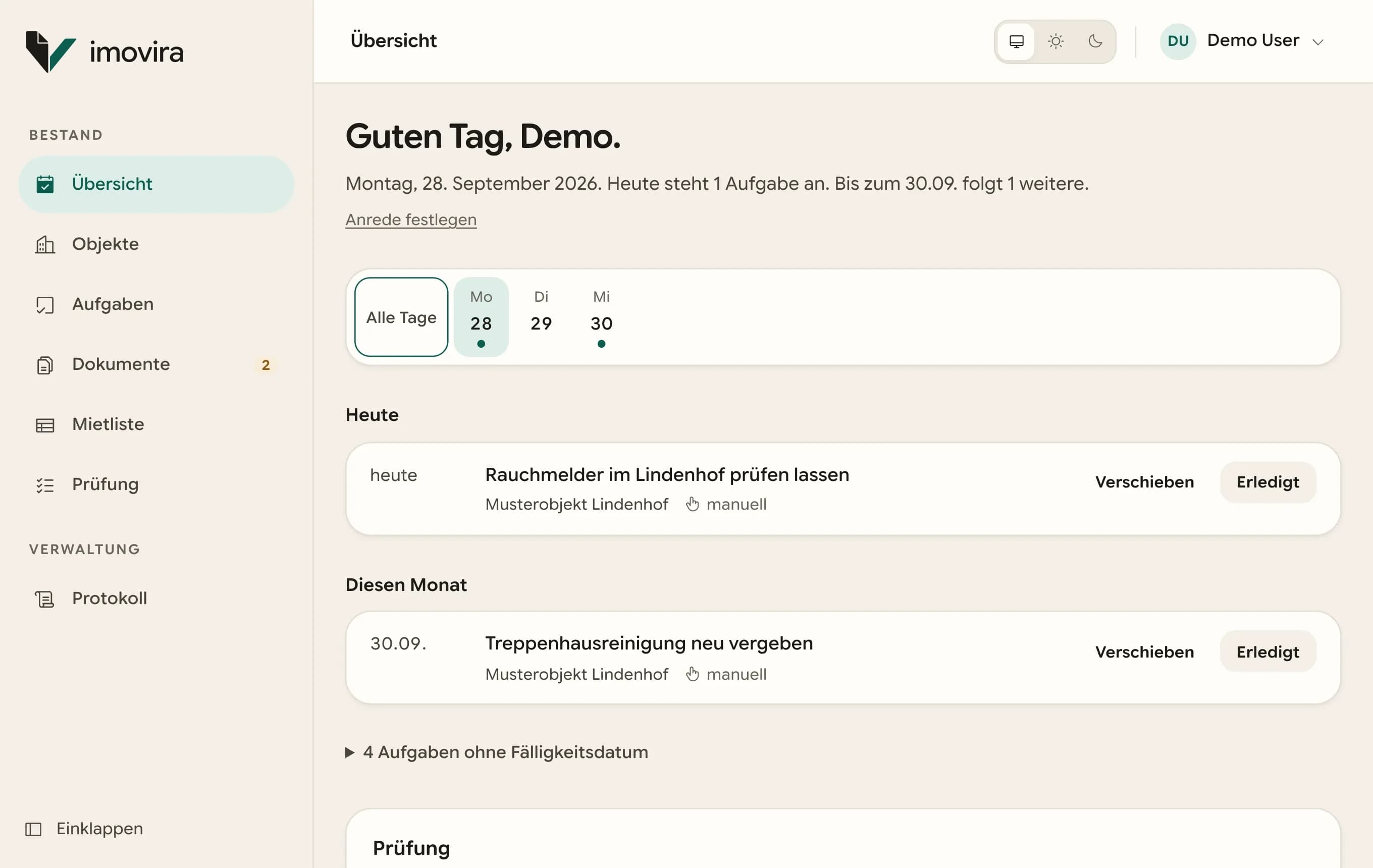 Übersicht nach der Anmeldung: die Aufgaben von heute und diesem Monat mit Objekt, Verschieben und Erledigt